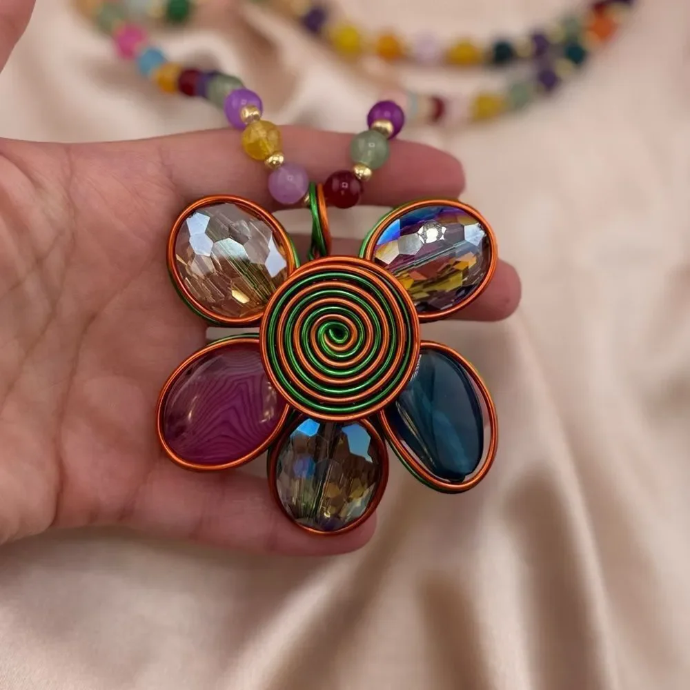 Rainbow Beaded Flower Pendant Necklace – Bold, Colorful & Totally Joyful